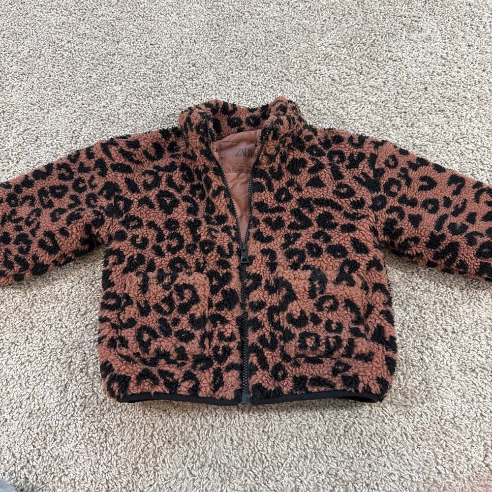 Zara Toddler Leopard Sherpa Jacket Teddy Fleece Zip Coat Size 2-3 Years EUC